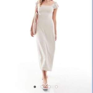 ASOS puff sleeve square neck midi dress in stone